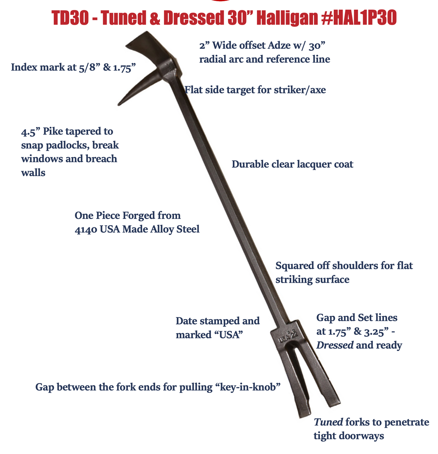 Halligan Style Forcible Entry Breaching Tool; 30 in. OAL